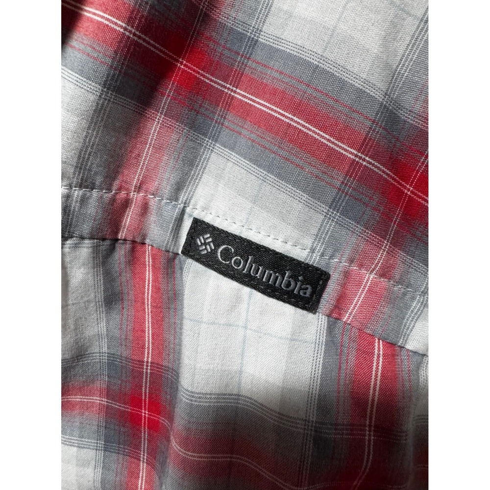 Columbia Mens Slim Fit Plaid Short Sleeve Button Up Shirt Red Grey AM1215 Large